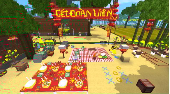 Khung cảnh ngày Tết cổ truyền Việt Nam được vẽ trong game Minecraft