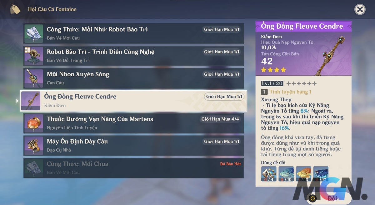 Game thủ sẽ cần phải câu cá đủ một số lượng cụ thể để đổi được Ống Đồng Fleuve Cendre