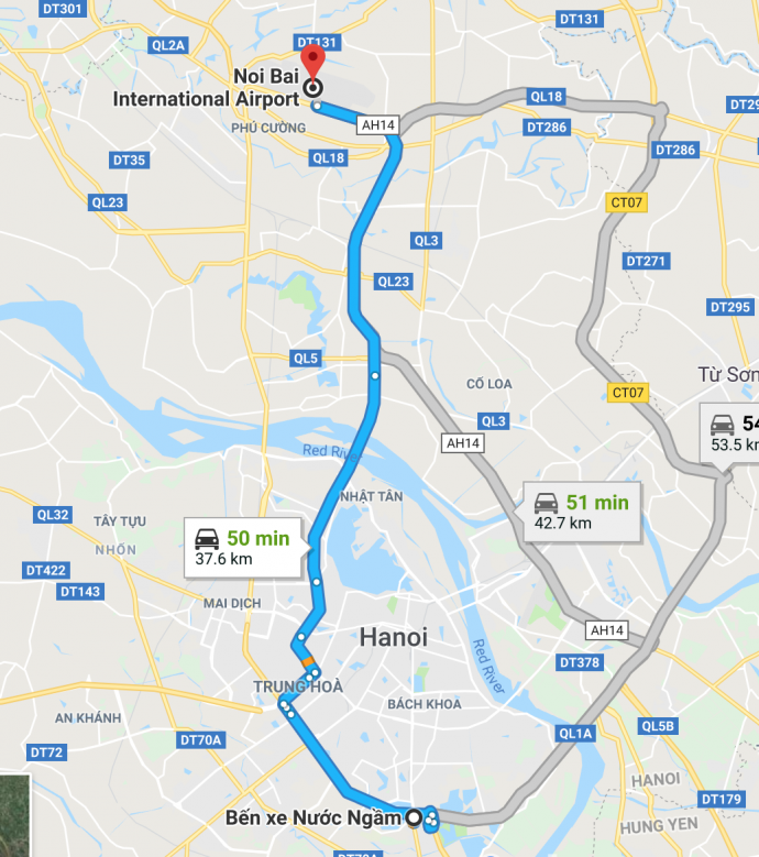 Từ Bến xe Nước Ngầm đến Sân bay Nội Bài bao nhiêu km?