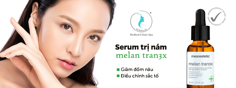 Tinh chất trị nám tàn nhang Melan Tran3x giúp điều trị và làm giảm sự xuất hiện của các đốm đen, loại bỏ melanin và điều chỉnh quá trình sản sinh sắc tố lên bề mặt da