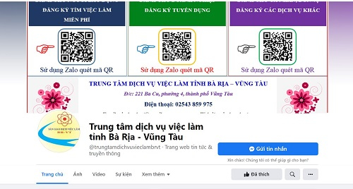 Giao diện giao dịch trực tuyến của Trung tâm Dịch vụ việc làm tỉnh Bà Rịa – Vũng Tàu.