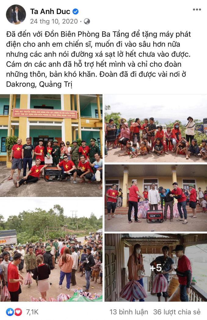 ...sau đó nam diễn viên cùng đoàn thiện nguyện của mình trực tiếp đến nhiều tỉnh miền Trung để hỗ trợ người dân