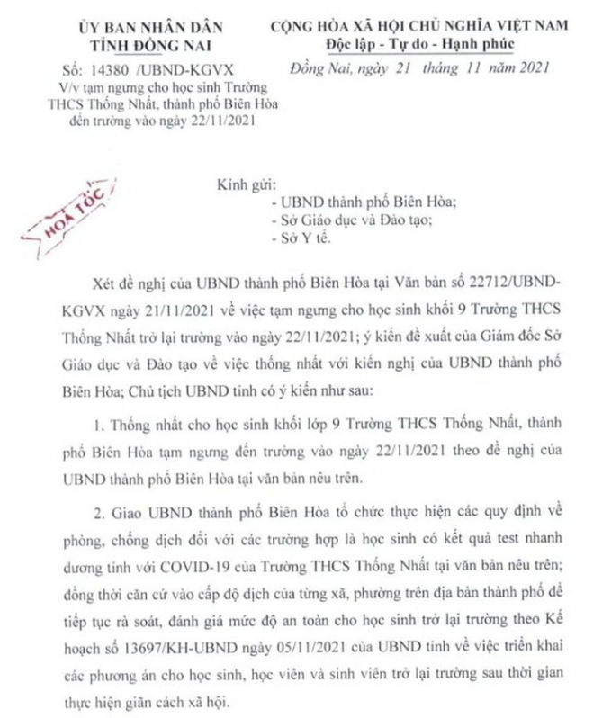 Văn bản hỏa tốc của UBND tỉnh Đồng Nai. Ảnh: VH.