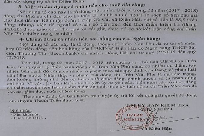 UBKT huyện ủy Đông Hải kết luận ông Phú tư túi 9 triệu đồng và chỉ đạo bỏ ngoài sổ sách 88,5 triệu đồng tiền xã cho thuê đất. Ảnh: TRẦN VŨ