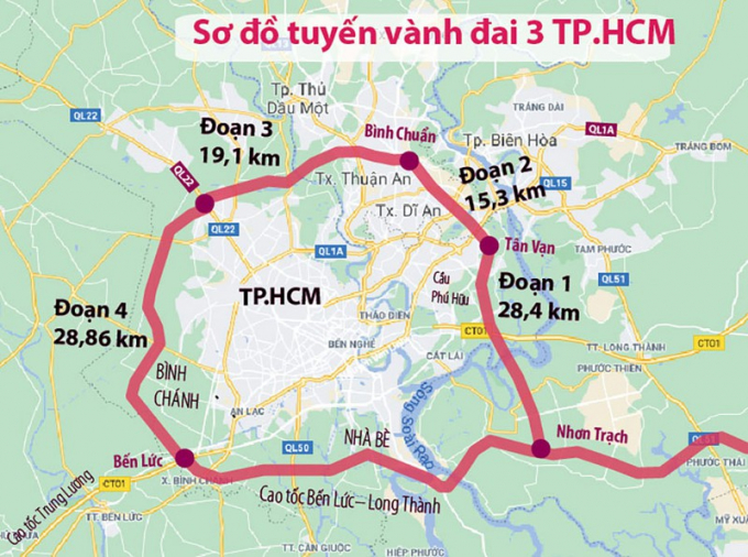 Sơ đồ hướng tuyến vành đai 3 đi qua bốn địa phương TP.HCM, Đồng Nai, Bình Dương và Long An. Đồ họa: HỒ TRANG