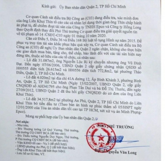Thông báo của Bộ Công an yêu cầu ngăn chặn giao dịch, chuyển nhượng các lô đất thi hành án, trong đó có khu đất 3 ha ở phường Thảo Điền