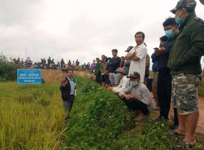 Cán bộ Khuyến nông huyện Ea Kar tuyên truyền, phổ biến chính sách về đất đai và hỗ trợ xây dựng mô hình trồng lúa cho người dân xã Cư Elang (huyện Ea Kar)