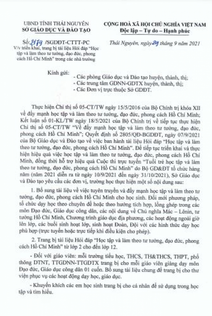Văn bản chỉ đạo của Sở GD-ĐT tỉnh Thái Nguyên.