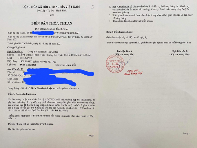 Biên bản thỏa thuận mà S.Tix gửi đến một nhà đầu tư qua đường bưu điện. Ảnh: T.A.