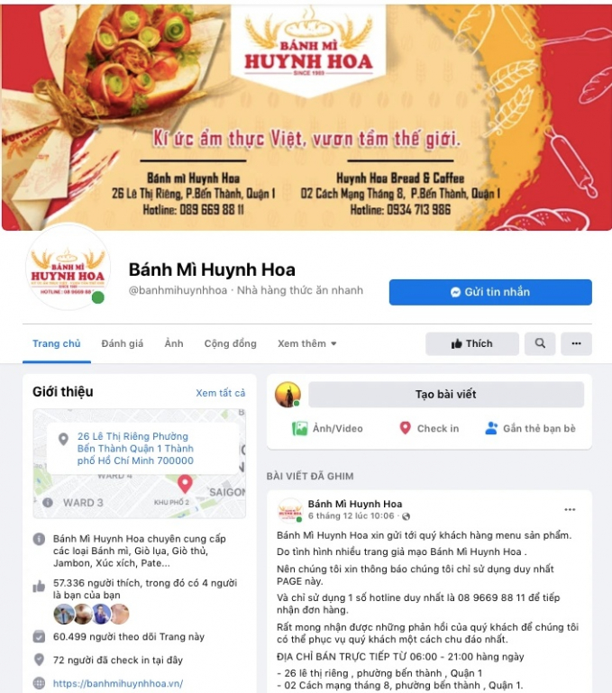 Fanpage hơn 60.000 người theo dõi của Bánh mì Huynh Hoa.