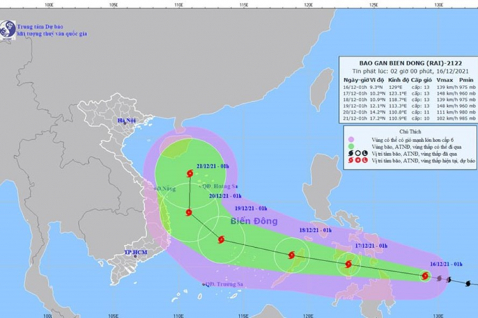Vị trí và đường đi của bão Rai. Ảnh: Trung tâm Dự báo KTTV Quốc gia