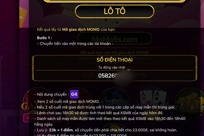 Tài khoản MoMo được thuê lại sẽ là địa chỉ cho khách chơi giao dịch. Ảnh: Đ.T