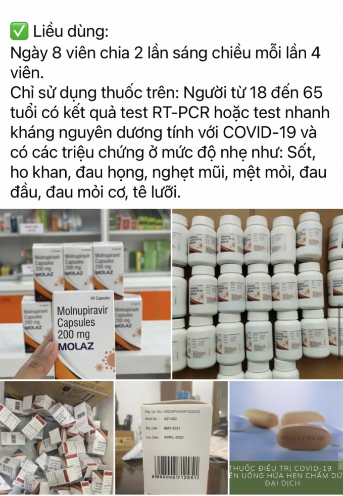 Thuốc Molnupiravir 200mg rao bán trên mạng Facebook. (Ảnh chụp FB)