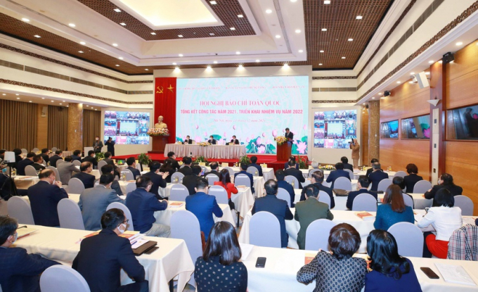 Hội nghị báo chí toàn quốc tổng kết công tác năm 2021, triển khai nhiệm vụ năm 2022, diễn ra sáng 24/12 tại Hà Nội. Ảnh: TTXVN.