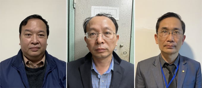 Các bị can: Nguyễn Minh Tuấn; Nguyễn Nam Liên; Trịnh Thanh Hùng. Ảnh BCA