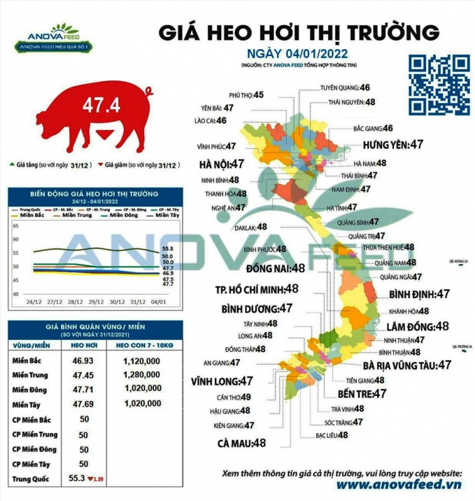 Giá heo/lợn hơi đã ngừng đà giảm từ ngày 4.1.2022. Nguồn: Anova Feed