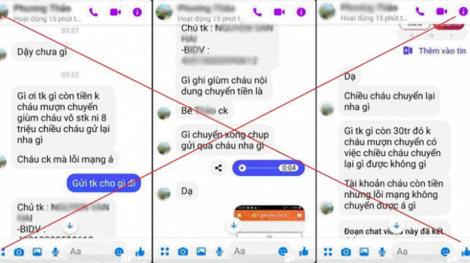 Các tin nhắn mạo danh nhờ chuyển tiền sau khi đối tượng chiếm được tài khoản Facebook của nạn nhân. Để tạo lòng tin các đối tượng còn tạo ra các cuộc gọi video với hình ảnh cắt ghép. (Ảnh: CANA)