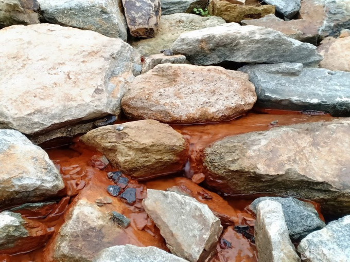 Thân đập đã bị rò rỉ nhiều điểm, đến sát thân đập còn nghe rõ tiếng nước chảy mạnh và dấu phèn chua in đậm trên mái đập. Ảnh: Tiến Đông