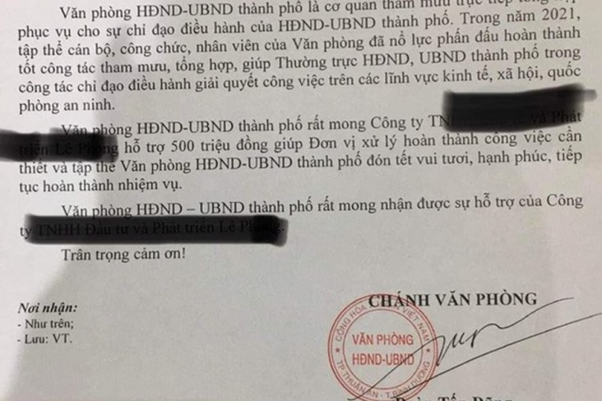Văn bản của Chánh văn phòng HĐND-UBND đề nghị doanh nghiệp hỗ trợ 500 triệu đồng.