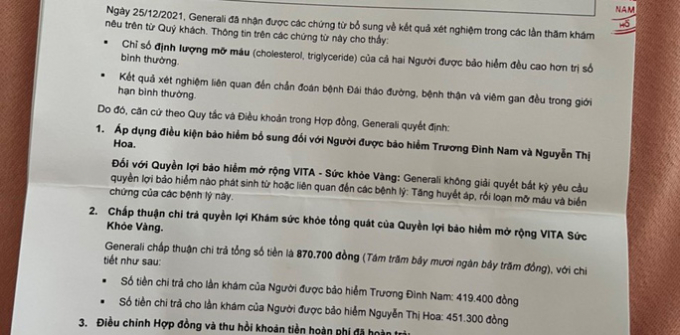 Thư hồi đáp của Generali ngày 6-1-2022 chỉ rõ phần nội dung đã đính chính