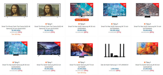 Nhiều mẫu tivi giảm giá trên thị trường (Ảnh chụp màn hình)
