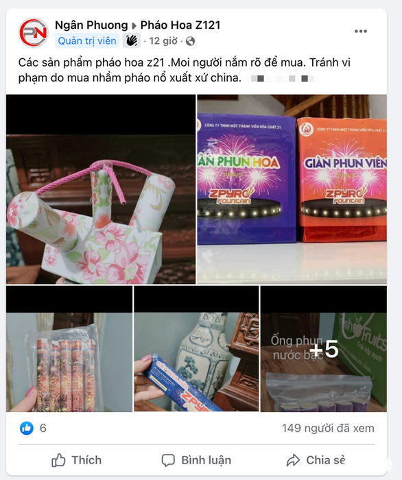 Tài khoản Facebook Ngân Phương quảng cáo có pháo hoa Z121, bán với giá cao gấp 2, 3 lần giá công bố - Ảnh: PHẠM TUẤN chụp màn hình