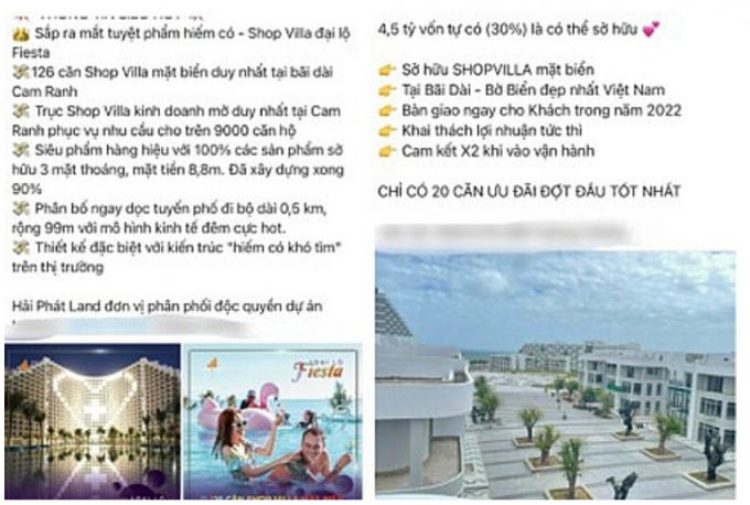 Một số thông tin liên quan đến sản phẩm Shop Villa Đại lộ Fiesta được các “cò” đăng trên mạng xã hội.