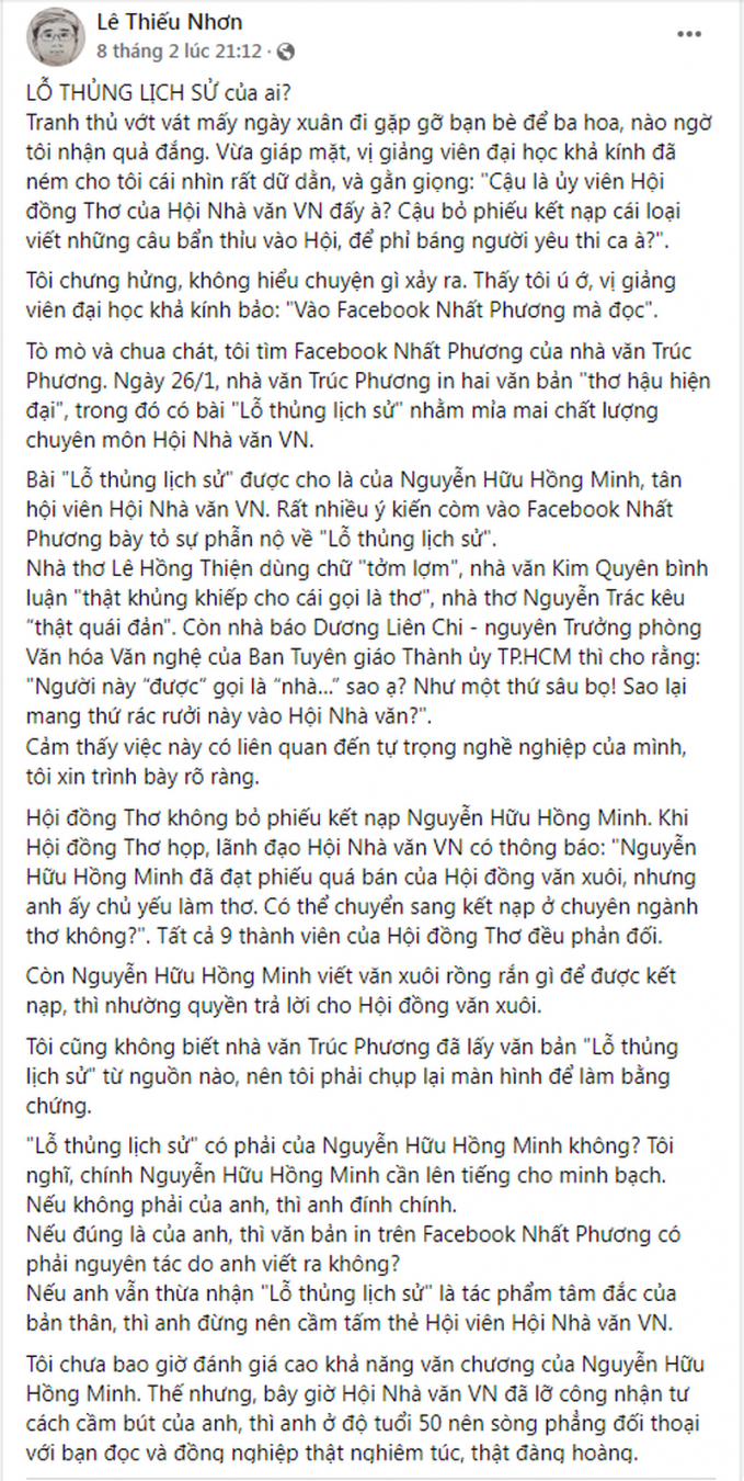 Nguyên văn bài chia sẻ của Nhà thơ Lê Thiếu Nhơn. Ảnh: FBNV.