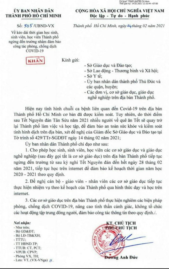 Văn bản chỉ đạo về việc cho học sinh nghỉ học đến ngày 28-2 được lan truyền là văn bản cũ, được UBND TP.HCM ban hành ngày 14-2-2021 - Ảnh chụp lại màn hình