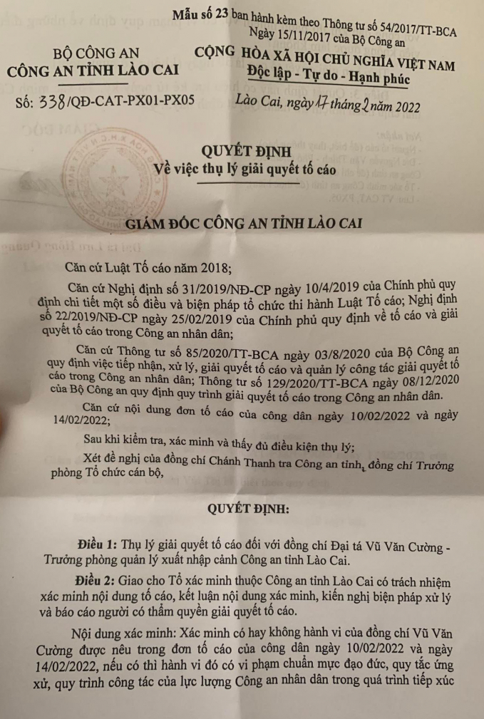 Quyết định thụ lý giải quyết tố cáo đối với đại tá Vũ Văn Cường của Công an tỉnh Lào Cai. Ảnh: MC