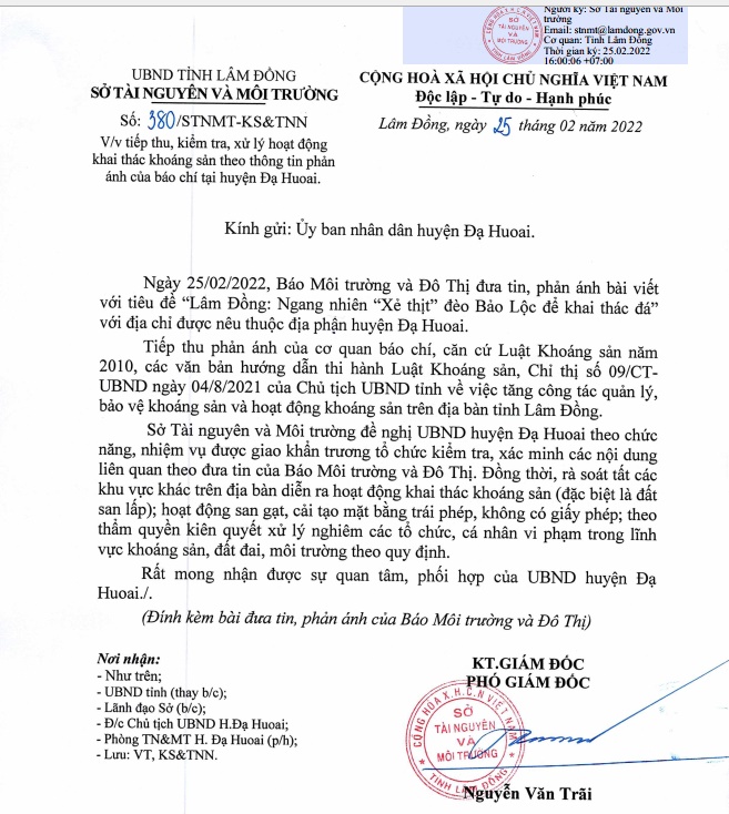 Sở TNMT Lâm Đồng đề nghị UBND huyện Đạ Huoai khẩn trương kiểm tra, xác minh, xử lý nghiêm vi phạm.