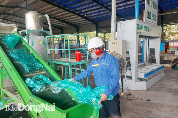 Dây chuyền tái chế chất thải nhựa thành tấm ván ép tại Công ty TNHH MTV Thanh Tùng. Ảnh: Phước Lộc