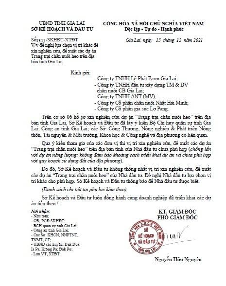 Văn bản của Sở KH&ĐT không chấp thuận dự án của Công ty CP gia súc Lơ Pang