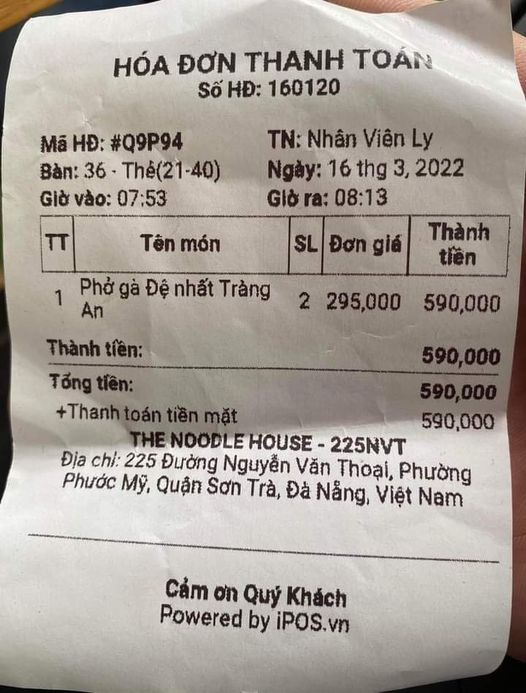 Tờ hóa đơn tính tiền 2 tô phở có giá 590.000 đồng lan truyền trên mạng xã hội
