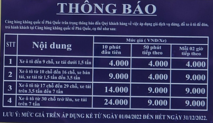 Bảng giá quy định dừng, đổ ôtô đón, trả hành khách tại sân bay Phú Quốc