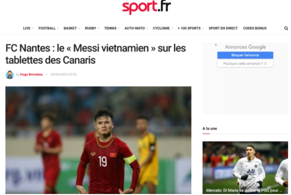 Thông tin Quang Hải được CLB Nantes ở giải Ligue 1 muốn chiêu mộ trên tờ Sport.fr CHỤP MÀN HÌNH
