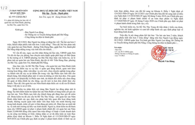 Phản hồi của UBND quận Sơn Trà về vụ việc xảy ra tại quán hải sản Năm Rảnh