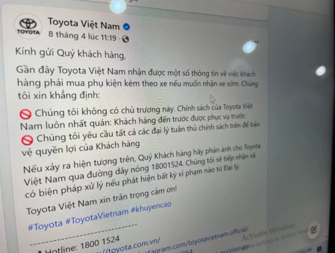 Thông báo của Toyota Việt Nam về việc người dùng phải mua xem 