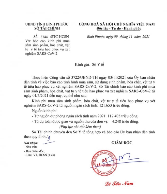 Báo cáo của Sở Tài chính tỉnh Bình Phước tại văn bản số 3344/STC-HCSN, ngày 9/11/2021 về việc báo cáo kinh phí mua sắm sinh phẩm, hoá chất, vật tư y tế tiêu hao phục vụ xét nghiệm SARS-CoV-2, tính từ 1/5/2021 đến 9/11/2021.