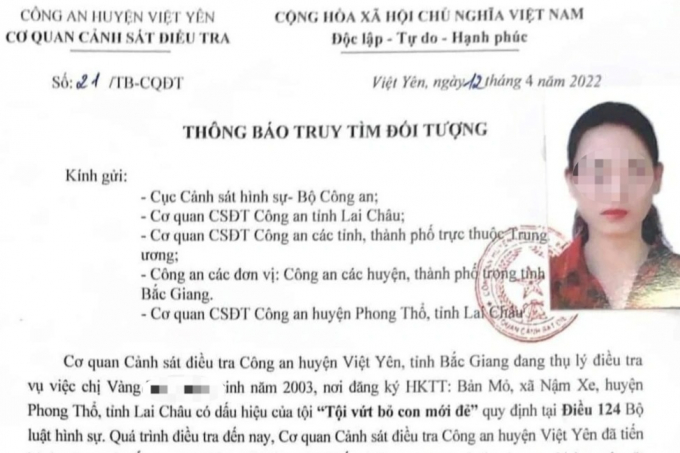 Công an huyện Việt Yên thông báo truy tìm Vàng Thị T.