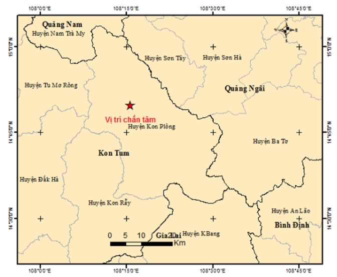 Vị trí xảy ra 8 trận động đất liên tiếp trong 2 ngày ở Kon Tum