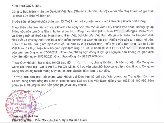 Văn bản Dai-ichi Life gửi khách hàng Phượng, thông báo sẽ hủy giao dịch tạm ứng, toàn bộ giá trị hợp đồng bảo hiểm vẫn được giữ nguyên như cũ - Ảnh: NVCC