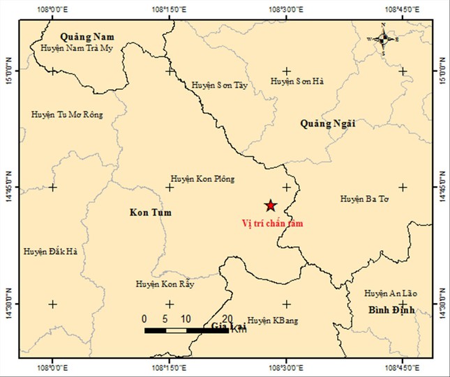 Tâm chấn (dấu sao) trận động đất mạnh nhất tại Kon Tum thời gian qua. Nguồn: Trung tâm Báo tin động đất và cảnh báo sóng thần
