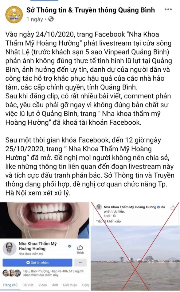 Sở Thông tin và truyền thông tỉnh Quảng Bình đưa thông tin về đoạn video trực tiếp thông tin sai sự thật của bà Hoàng Hường - Ảnh chụp màn hình