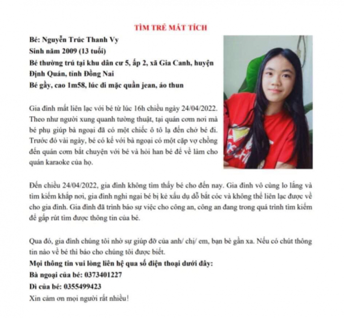 Gia đình đăng thông tin lên mạng tìm kiếm Vy MXH