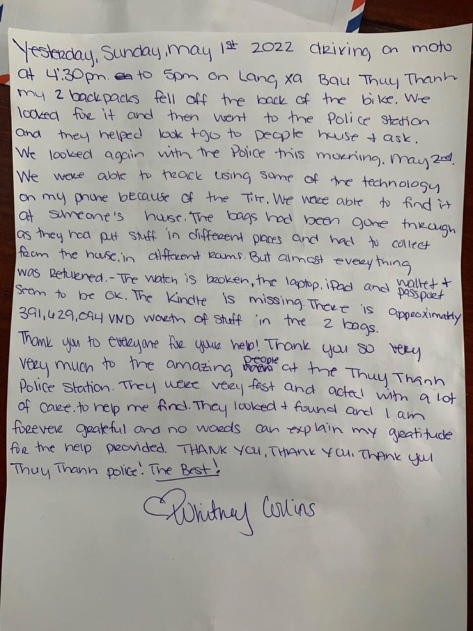 Lá thư cảm ơn của chị Collins Whitney CTV