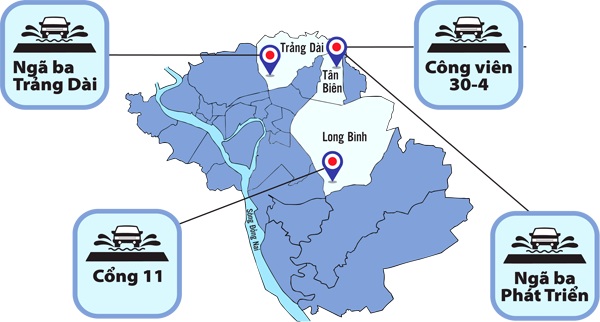 Đồ họa thể hiện thông tin các điểm ngập nặng trên địa bàn TP.Biên Hòa. Đồ họa: DƯƠNG NGỌC