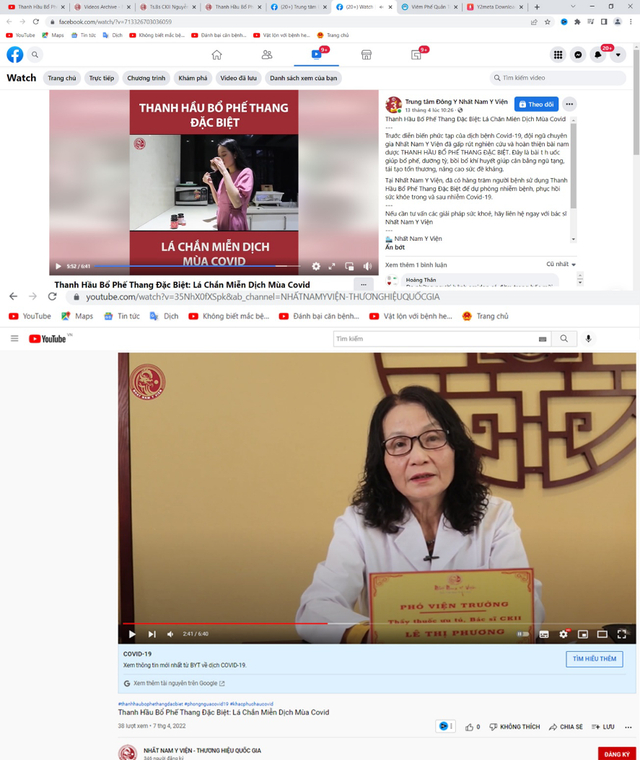 Thanh hầu bổ phế thang đặc biệt được Nhất Nam Y Viện quảng cáo trên nhiều nền tảng như website, youtube, fanpage… Ảnh chụp màn hình 4/2022