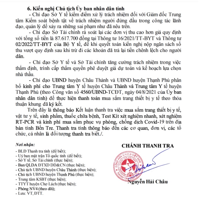 Một phần thông báo kết luận thanh tra.