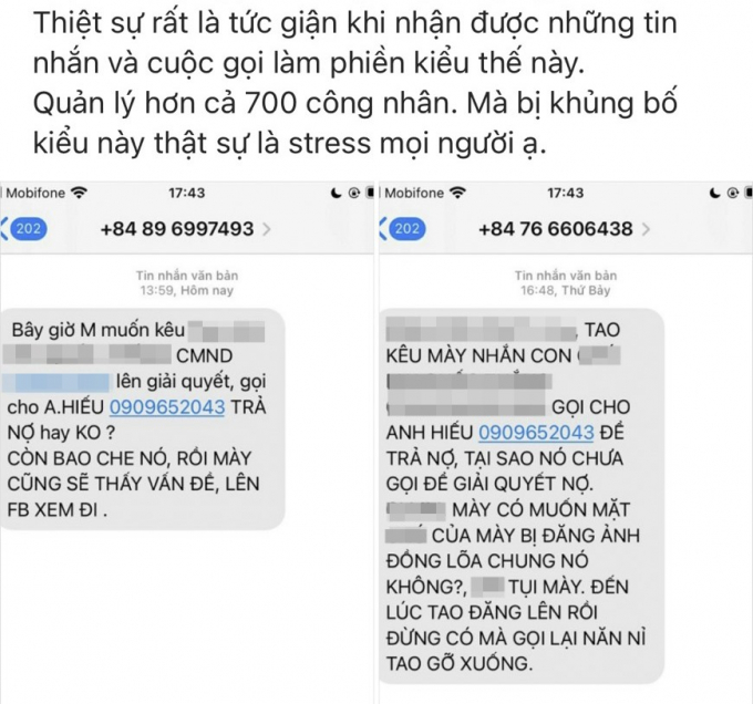 Quản lý nhân sự một công ty trong KCN Phan Thiết bị nhắn tin đe dọa. Ảnh chụp màn hình.